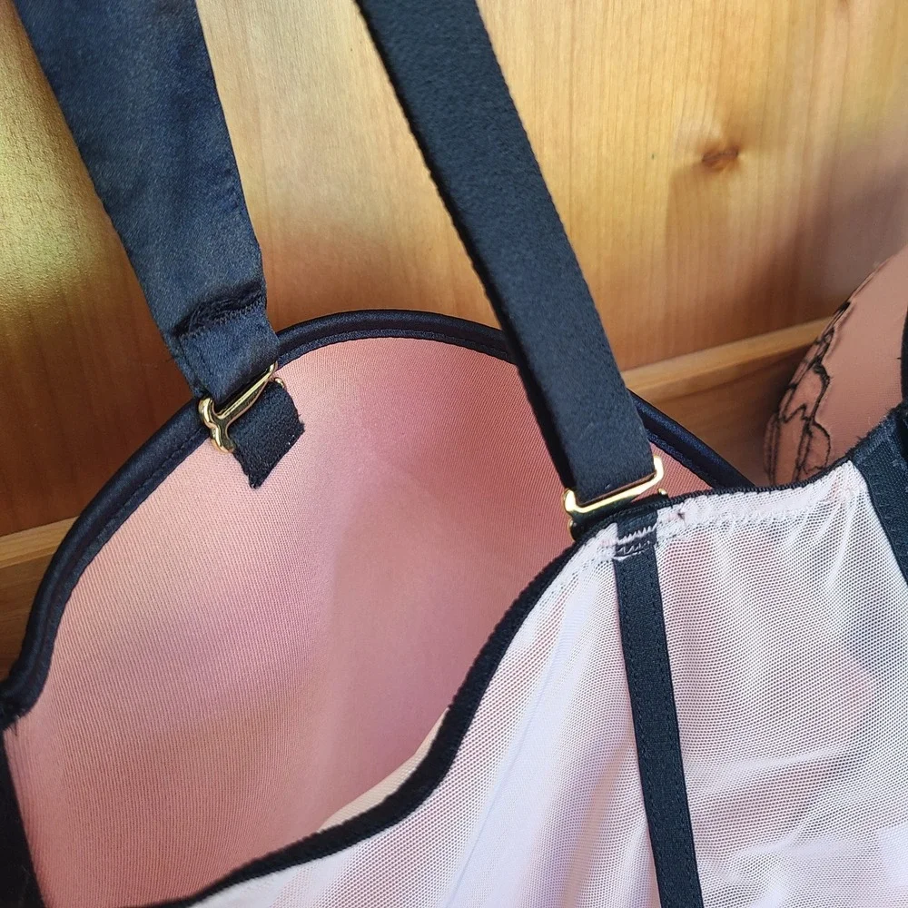 Auden‎ Large Pink Black Long Line Bra Bustier Feminine Underwire Lace Soft Girl